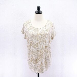 White Stag -XL- White Tan‎ Blouse Top Round Neck Cotton Polyester Rhinestone